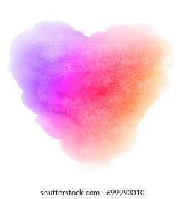 Watercolor gradient violet pink orange hand drawn paper texture isolated heart shaped stain on white background for valentines day. Abstract aquarelle vector illustration. Wet brush romantic painting.