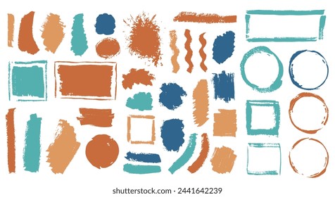 Watercolor graffiti brushstroke mega set. Isolated border box trendy elements. Speck spot web label background group. Brush stroke watercolor blots drawing.