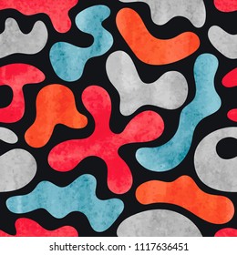 Watercolor graffiti seamless pattern. Vector colorful geometric abstract background in red, orange and blue colors.