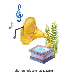 Watercolor gramophone. Musical hand drawn composition in vector. Vintage bright illustration