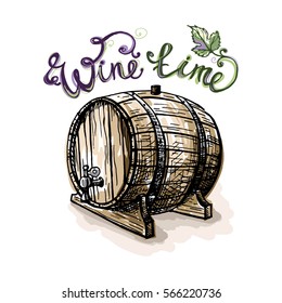 Watercolor grape leaves and wine barrel in graphic style hand-drawn vector illustration