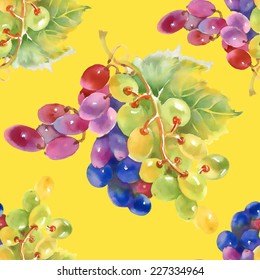 Watercolor grape seamless pattern on yellow background vector illustration