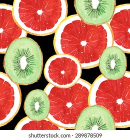watercolor grapefruit kiwi pattern, vector illustration isolated on black background