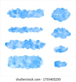 Watercolor graphic design elements set. Sky blue brush strokes, spots, oval smears, uneven stripes, smudges. Watercolour stains text banner, cloud shape, frame template. Painted water, sea background