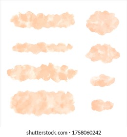 Watercolor graphic design elements set. Skin, flesh color, light rose beige brush strokes, spots, oval smears, uneven stripes, smudges. Watercolour stains banner shape, text frame. Painted background.