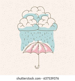 watercolor graphic of umbrella with cloud and rain vector illustration