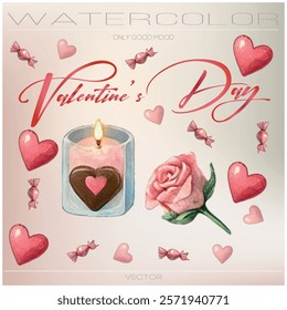 Watercolor graphics for Valentine's Day. Candles, flowers, hearts, candies.