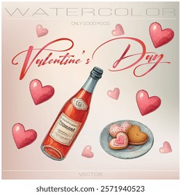 Watercolor graphics for Valentine's Day. Champagne bottle and cookies.