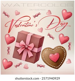 Watercolor graphics for Valentine's Day. Chocolate, candies, gingerbread with hearts.