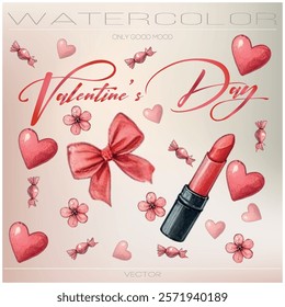 Watercolor graphics for Valentine's Day. Flowers, lipstick, bows, lipstick.