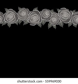 Watercolor gray roses seamless pattern. Hand painted horizontal sketch with abstract rose flowers in gray colors. Floral card design with copy space (place for your text).