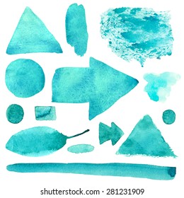 Watercolor green abstract brush strokes, stripes, lines, leaf, paint stains, triangle, square, borders, arrows, frames isolated on white background. Hand painting on paper. Art design elements set