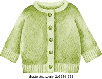 Watercolor Green Baby Cardigan Clipart. Hand Drawn Baby cloth Illustration in Soft Green Isolated on White Background