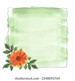 Watercolor green background with copy space with a frame of hand painted orange marigold flower with stems with leaves. Flower art desing for postcards, banner posts, invitations or greeting cards