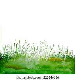 Watercolor Green Background With Grass. Vector