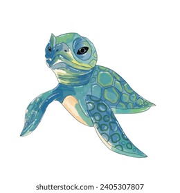 watercolor green big adorable turtles. Set of vector watercolor turtle. Watercolor sea turtle isolated on a white background.