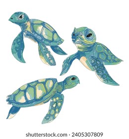 watercolor green big adorable turtles. Set of vector watercolor turtle. Watercolor sea turtle isolated on a white background.