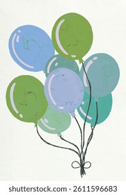 Watercolor Green and Blue Balloons – Soft Pastel Party Illustration on White Background