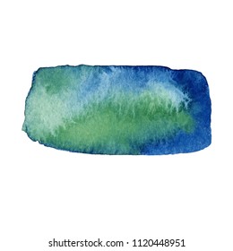 Watercolor green and blue hand drawn isolated stain on white background. Wet brush stroke painted abstract vector illustration. Art design striped element for banner, template, print, scrapbook, cover