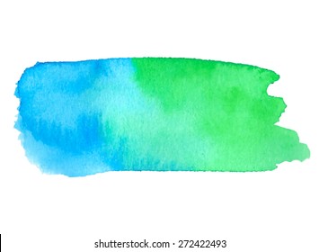Watercolor green blue hand drawn isolated stain on white background. Wet brush stroke painted abstract vector illustration. Art design striped element for banner, template, print, scrapbook, cover