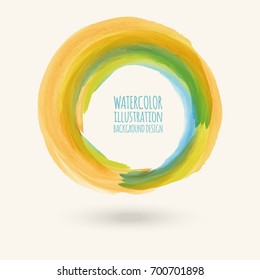 Watercolor green, blue, yellow autumn texture. Ink round stroke on white background. Simple style. Vector illustration of grunge circle stains.