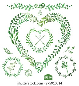 Watercolor green branches ,leaves , heart shape laurels wreath.Decorative hand drawing floral decor.Retro Vector,vintage card.Wedding invitation,bio poster,eco,natural  design template