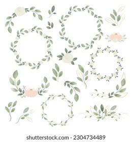 Ramas de color de agua verde hojas, flores y coronas, conjunto grande. Elementos botánicos para decorar tarjeta Wedding, diseño de invitación. Colección gráfica vectorial aislada en fondo blanco.