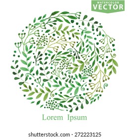 Watercolor Green Branches,leaves,laurels Circle Composition.Green Vector.Summer,spring Green Decor,wedding Card,ecology Poster,Easter.Hand Painting Artistic Background,texture.Eco,bio,natural ,ecology