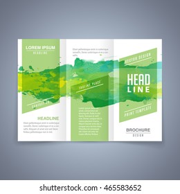 watercolor green brochure background layout template design tri splash vector green template of flyer or tri fold brochure with watercolor background useful for any project where a platter of color ma