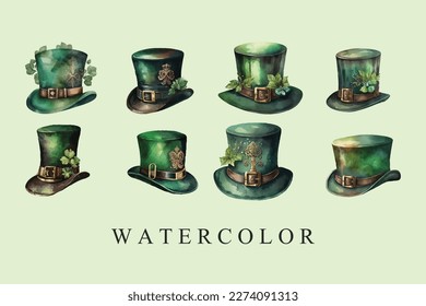 watercolor green buckle hat. Vector illustration of Irish holiday symbol