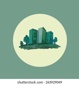 Watercolor green city, buildings, eco icon, logo isolated
