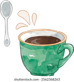 Watercolor green coffee mug and spoon. Good for decorating shop, cafe menu, banner, postcard and label.