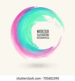 Watercolor green, coral, blue texture. Ink round stroke on white background. Simple style. Vector illustration of grunge circle stains.