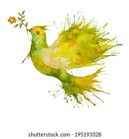 Watercolor Green Dove flying with flower branch - symbol of peace and nature