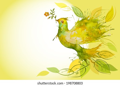 Watercolor Green Dove flying with flower branch and leaves - symbol of peace and nature