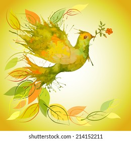 Watercolor Green Dove flying with flower branch and leaves - autumn background