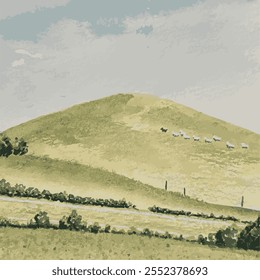 Watercolor Green Field Landscape Hand Painted Illustration