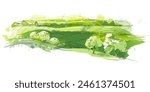 Watercolor green field landscape on small hill. Vector meadow grass, nature, pasturage, farm. Rural scenery landscape panorama of countryside pastures.