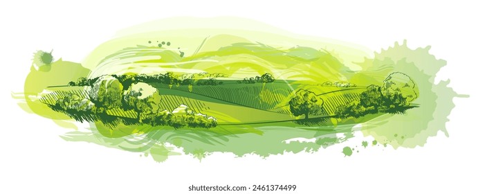 Watercolor green field landscape on small hill. Vector meadow grass, nature, pasturage, farm. Rural scenery landscape panorama of countryside pastures.