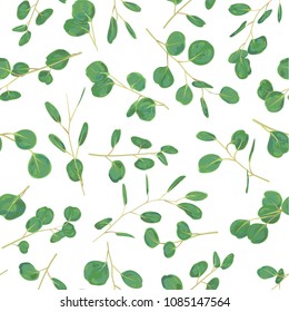 Watercolor green floral seamless pattern with eucalyptus round leaves. Hand painted pattern with branches and leaves of silver dollar eucalyptus isolated on white background. For design or background
