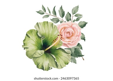 Watercolor Green flower clipart illustration and rose floral branch with green leaves on white background