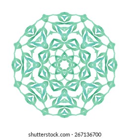 Watercolor Green flower mandala. Lace circular ornament on white background. Oriental Geometric circle element. Vector illustration.