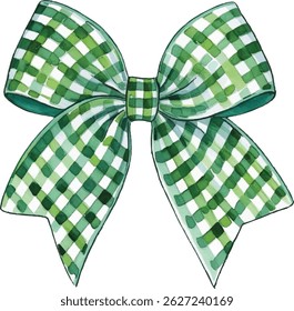 Watercolor Green Gingham Checkered Ribbon Bow, Hand-Drawn Illustration for Decoration and Crafts, Isolated.