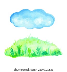 Watercolor green grass with clouds. Template for banner, poster, packaging, postcard, print, web design. Hand Drawn vector illustration.