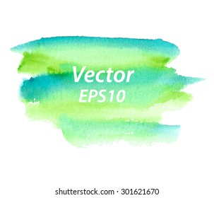 Watercolor green hand drawn paper texture isolated striped stain on white background. Wet brush painted strokes abstract vector illustration. Design water element for banner, print, template, web 