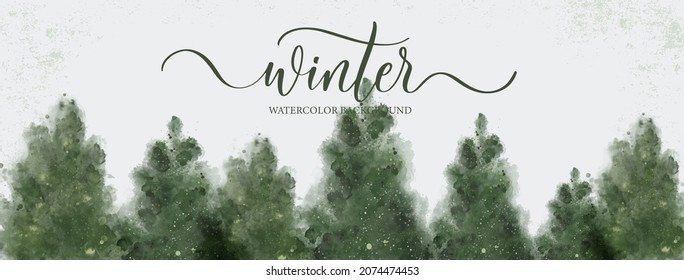 Watercolor green landscape of forest hill. Evergreen coniferous trees. Wild nature. Horizontal watercolor background.