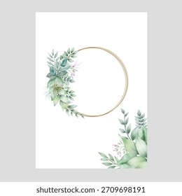 Fondo de la hoja verde de la acuarela y Plantilla. Invitaciones de cumpleaños y funeral de la boda usada