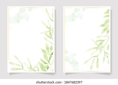 watercolor green leaf and golden glitter frame wedding invitation card template background  collection