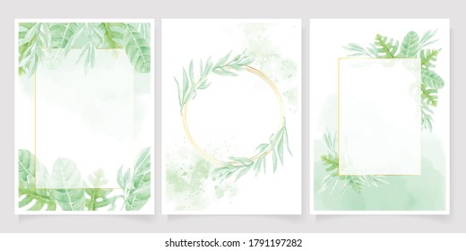 watercolor green leaf on green splash background wedding invitation card template collection