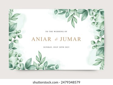 Watercolor green leaves elegant background template